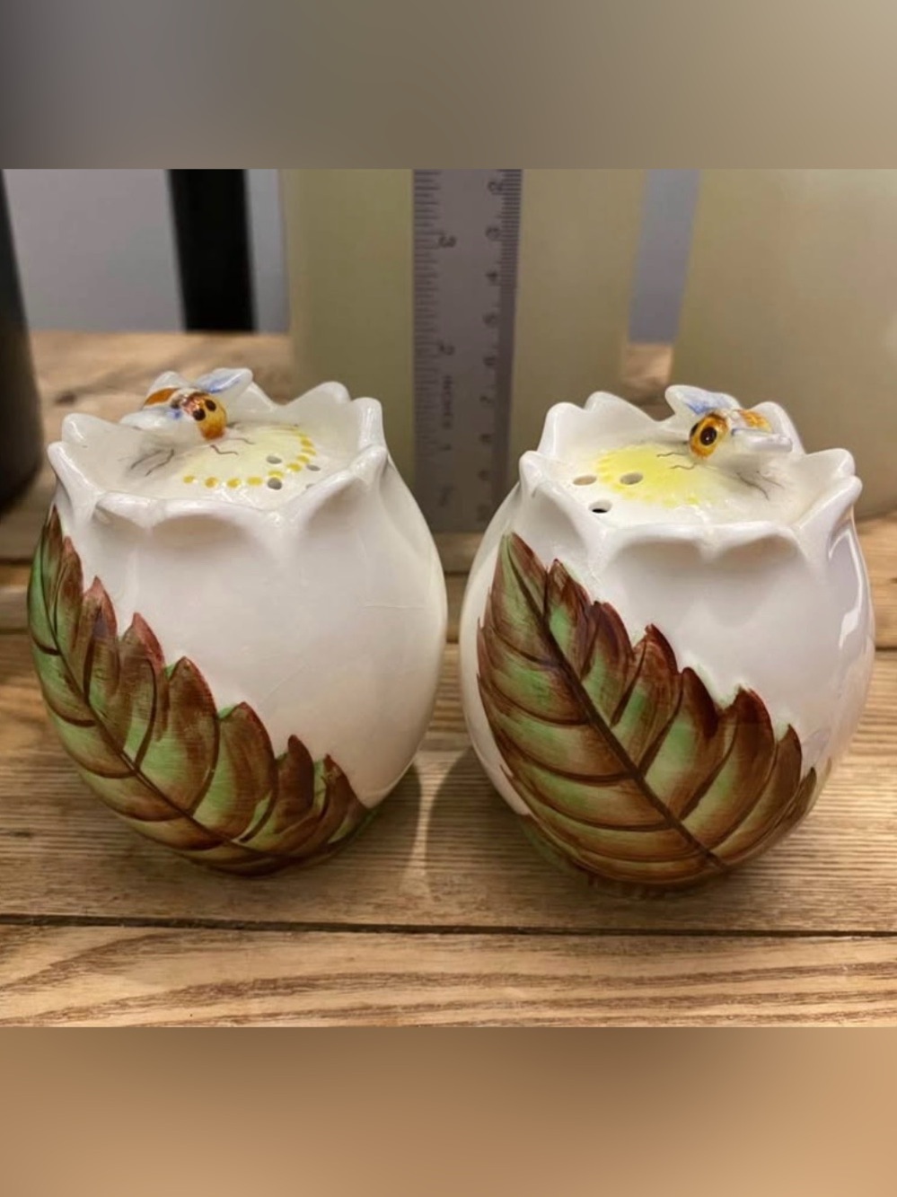 Vintage Japan Ceramic Flower & Bumble Bee Salt and Pepper Shakers | Set #7894